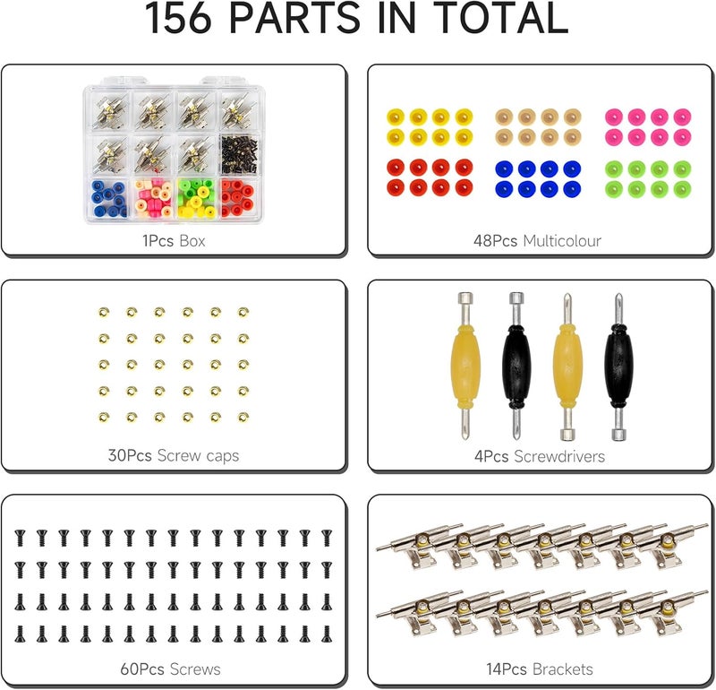 DisplayMore Store Fingerboard Repair Kit -Includes Box & Tools-Mini 96mm Finger Skateboard Parts Include 14 Brackets 48 Multicolour Wheels 60 Screws 30 Nuts 4 Screwdriver(Trucks-31mm & Box) - Image 4